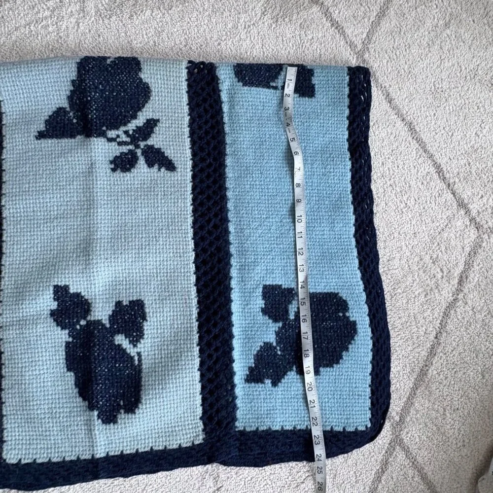 Vintage Handmade Knit Afghan Throw Blue Floral Panel Cottagecore Crochet Blanket
